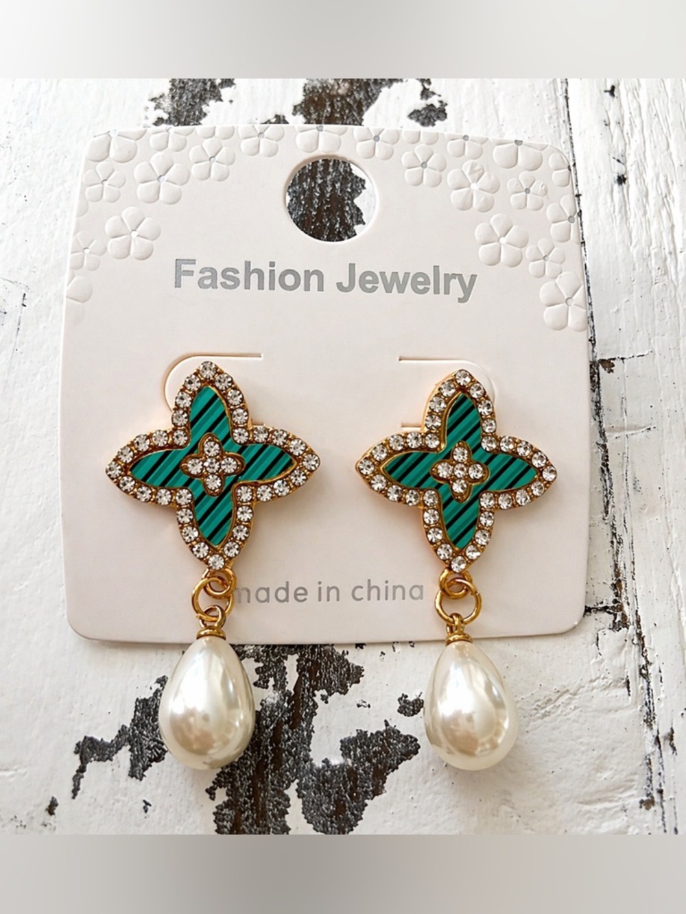Fashion Jewelry Turquoise Striped Cloisonné Flower Drop Earrings with Pearl